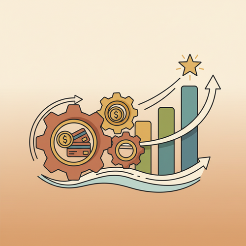 Flat design illustration showing interlocking gears and a rising bar graph, symbolizing efficient institutional unsecured credit leveraging and aligned reward matrices.