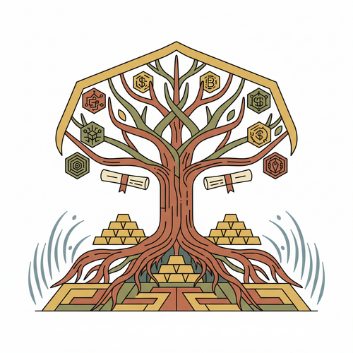 Flat design illustration of a family tree with roots extending into a diversified portfolio of assets, representing intergenerational wealth transfer and protection strategies.