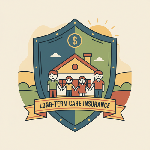 Conceptual illustration of long-term care insurance as a financial shield, protecting assets and family futures through strategic planning.