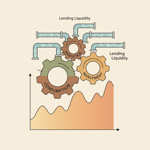Illustration depicting macroeconomic forces influencing sovereign yield curves and lending liquidity, with gears and a flowing liquid metaphor.