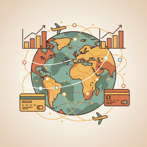 Illustration showing various elements like a globe, credit cards, and flight paths, symbolizing strategies for Maximizing Airline Miles for free flights.