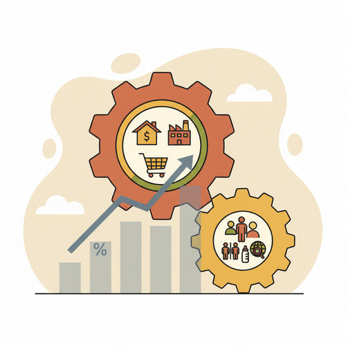 Illustration depicting gears representing microeconomic structures and demographic shifts, with an overlay of a tax bar graph, symbolizing demographic tax optimization strategies.