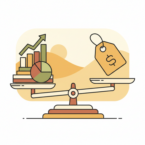 Flat design illustration of graphs and a pricing tag on scales representing product profit margin analysis and effective pricing strategies