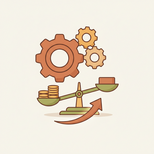 Illustration representing quantitative capital structuring, showing a balanced financial scale and gears, symbolizing optimized institutional balance sheet restructuring.