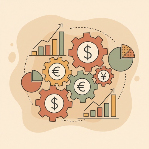 Flat design illustration showing quantitative capital structuring and operational yield maximization through interlocking gears with financial symbols and data analytics charts.