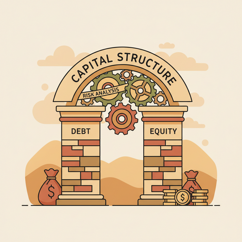 Gears representing quantitative risk assessment connecting to financial pillars representing corporate capital structuring.