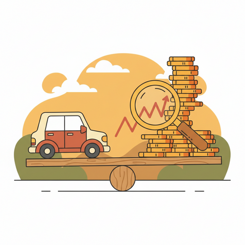 Flat design illustration showing a car on a seesaw with money, representing strategic auto loan refinancing benefits and balancing financial priorities.