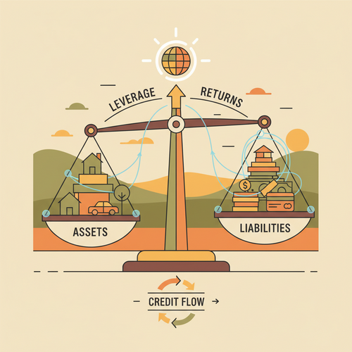 Illustration depicting Revolving Credit Arbitrage Strategies and liability optimization, with financial instruments balanced on a scale, symbolizing strategic leverage and returns.
