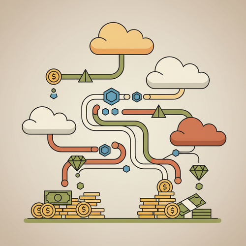 Illustration of scalable cloud infrastructure supporting digital asset monetization architectures, showcasing interconnected servers and financial digital assets.
