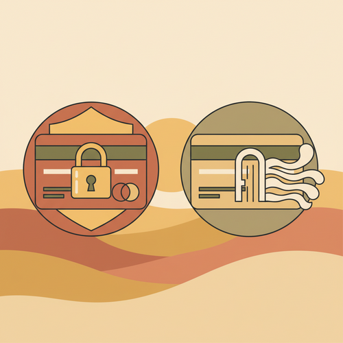 Conceptual illustration contrasting secured and unsecured credit cards for credit rebuilding strategies