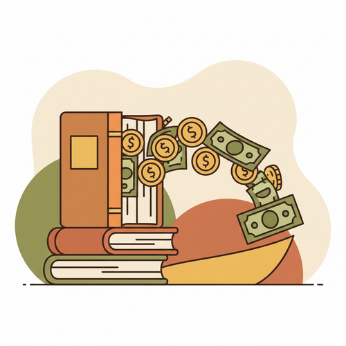 Illustration of books transforming into stacks of coins, representing Amazon KDP royalties and earnings in 2026.