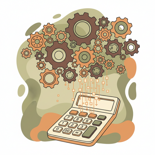 Flat design illustration showing interconnected gears and data flow into a calculator, representing systemic risk predictive analytics in premium calculation for financial institutions.