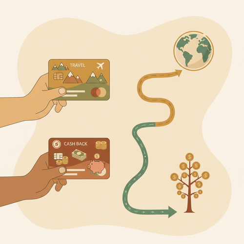 Illustration depicting two hands holding a travel rewards credit card and a cash back credit card, with paths diverging, symbolizing the choice in credit card strategy.