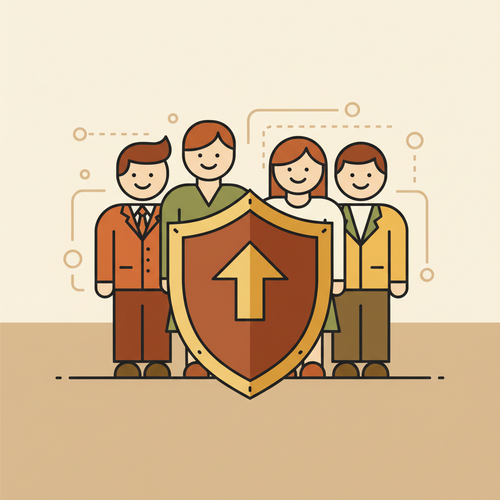 Flat design illustration of a shield protecting business people, representing D&O Liability Insurance