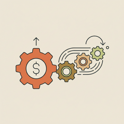 Flat design illustration showing interconnected financial gears symbolizing the Prime Rate impact on borrowing costs, with arrows indicating upward and downward movements.