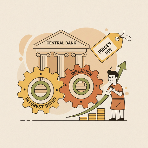 Illustration showing inflation and interest rates as interlocking gears, impacting personal finance.