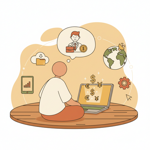 Virtual assistant working on laptop, surrounded by symbols of high-paying clients and money, representing success in finding premium virtual assistant clients online.