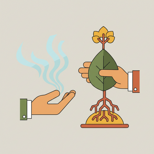Two stylized hands comparing a temporary term life insurance policy (fading paper) with a permanent whole life insurance policy (growing plant), illustrating whole life vs term life insurance