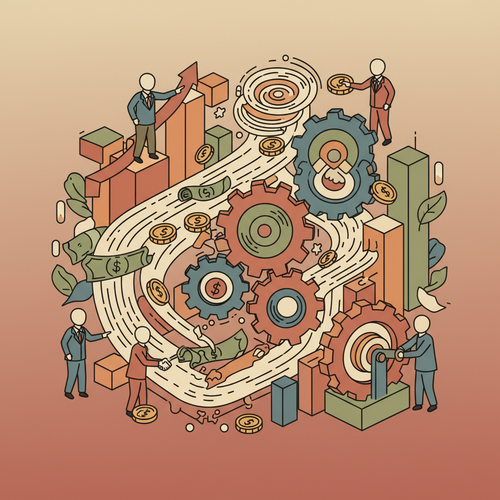 An illustration depicting gears turning smoothly with money flowing, symbolizing efficient working capital optimization for business liquidity.