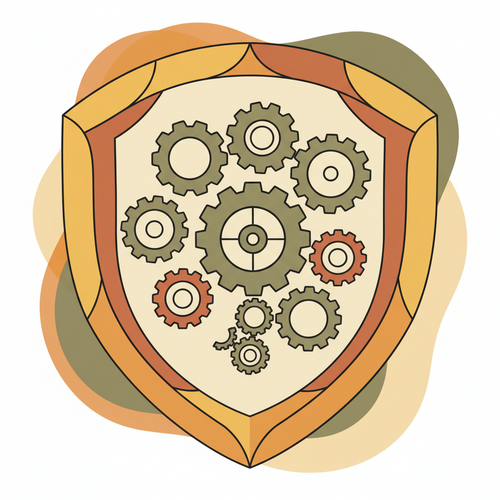 Flat design illustration depicting actuarial modeling of systemic risk and reinsurance capital adequacy with interconnected gears and a protective shield.