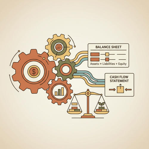 Illustration of a stylized balance sheet and cash flow statement connected by algorithmic processes, representing algorithmic balance sheet optimization.
