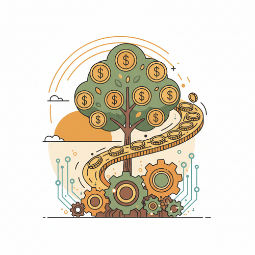 Flat design illustration showing algorithms and gears optimizing financial capital, symbolizing algorithmic capital structuring and operational yield maximization.