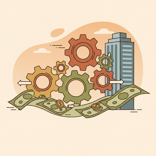 Flat design illustration of algorithmic treasury forecasting, showing gears and cash flow optimization, key for corporate liquidity management and predictive analytics.