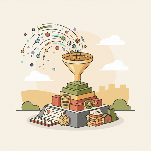 Illustration depicting algorithmic underwriting models enhancing institutional risk securitization through data analysis and financial instrument structuring