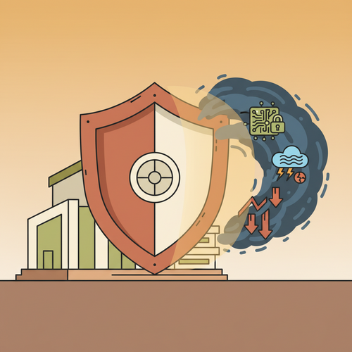 Illustration of a strong shield protecting a bank from various catastrophic risks, representing quantitative liability shielding strategies