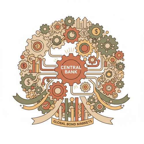 Illustration of central bank gears influencing global bond markets, representing monetary policy calibrations and fixed income volatility.