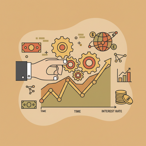 Flat design illustration showing a central bank hand adjusting monetary policy levers, influencing a dynamic global yield curve graph, symbolizing central bank monetary policy calibrations and global yield curve dynamics.