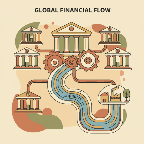 Flat design illustration depicting central bank rate calibrations influencing interbank liquidity through interconnected financial institutions.