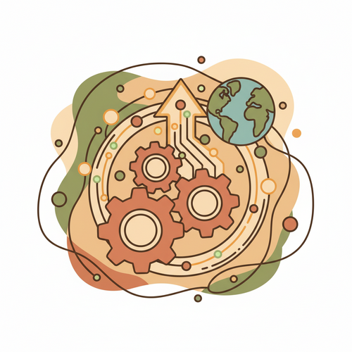Illustration of decentralized autonomous ecosystems with blockchain connections and remote capital generation frameworks.