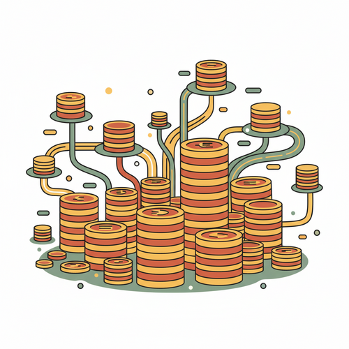 Flat design illustration of decentralized autonomous ecosystems and asymmetric revenue generation, showing interconnected digital networks and varied coin stacks