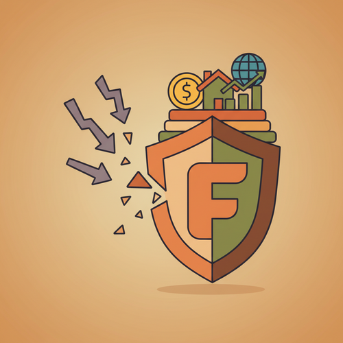 Flat design illustration of a shield protecting a diversified High Net Worth portfolio from deflationary economic pressures and market downturns.