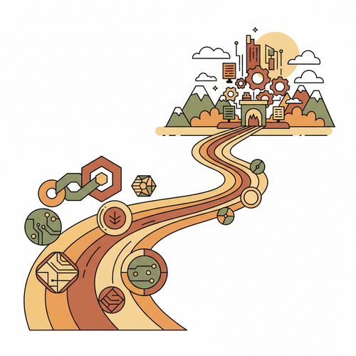 Flat design illustration depicting digital assets flowing into a remote automated system, symbolizing autonomous remote yields and digital asset capitalization.