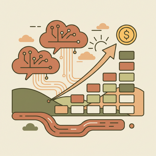 Flat design illustration depicting algorithmic revenue automation within enterprise cloud ecosystems, showing data flow and growth charts.