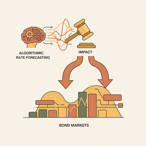 Flat design illustration depicting financial charts, a bond market ticker, and abstract algorithmic lines, symbolizing algorithmic rate forecasting in fixed-income markets.