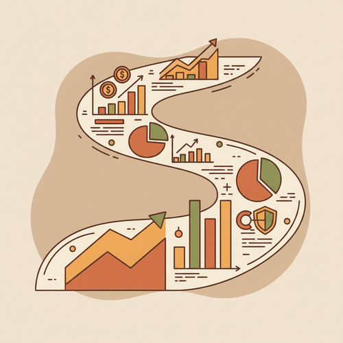 Flat design illustration of various financial graphs and charts with subtle icons representing cash flow and credit, all in warm earth tones, conveying institutional finance concepts.