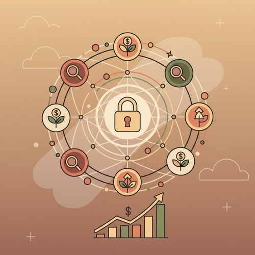 Illustration depicting institutional underwriting of unsecured credit, showing data analysis and reward matrix yields for risk management.