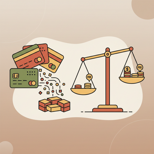 Illustration depicting interchange fee arbitrage and securitization of premium revolving liability, showing credit cards, bonds, and financial data