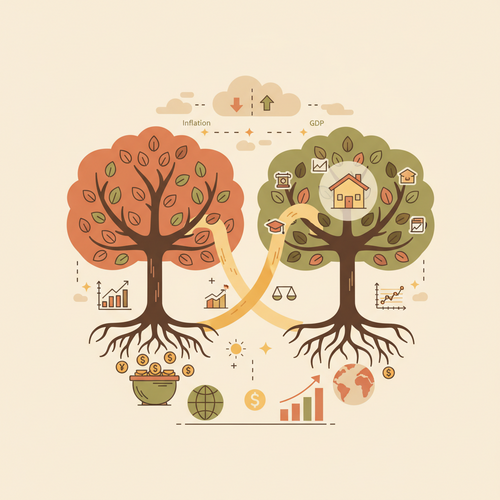 Illustration of generational wealth transfer, showing financial assets flowing across stylized representations of different age groups, with macroeconomic charts in the background.