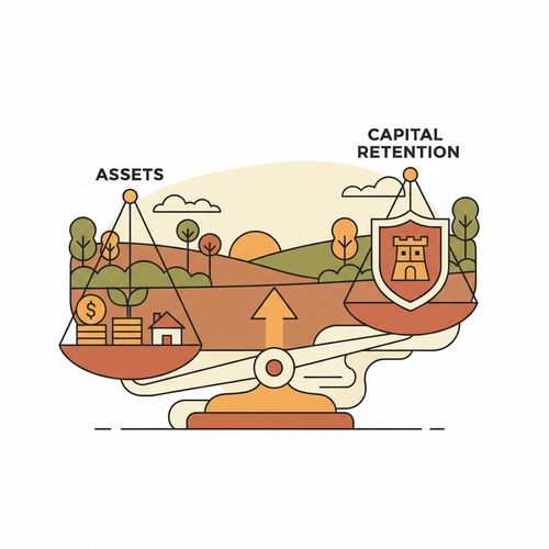 Illustration depicting balanced investment scales with a protective shield, symbolizing strategic capital retention and microeconomic portfolio rebalancing.