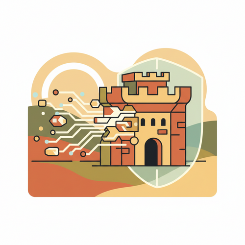Flat design illustration of predictive analytics protecting an enterprise from catastrophe risk, symbolizing advanced risk modeling and liability mitigation.
