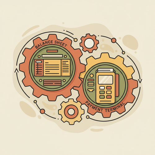 Flat design illustration showing interconnected gears between a corporate balance sheet and a payment processing terminal, representing corporate interchange revenue maximization through financial strategy.