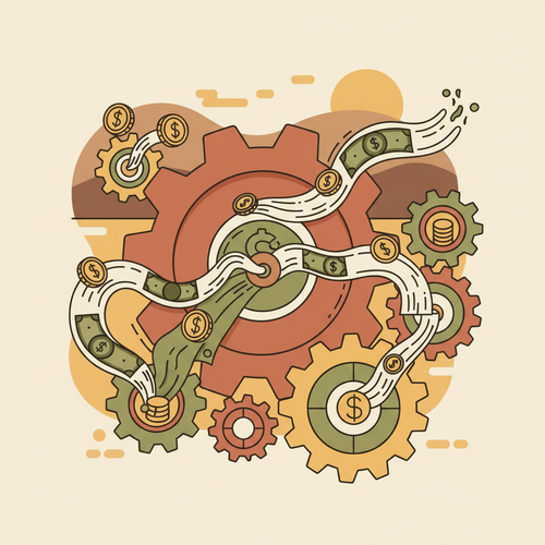 Flat design illustration showing interconnected gears representing revolving liability architectures, with money flowing efficiently, symbolizing corporate yield maximization.