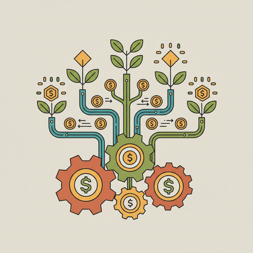 Illustration depicting quantitative capital structuring and corporate cash flow modeling, showing gears representing financial mechanisms and pipelines for cash flow.