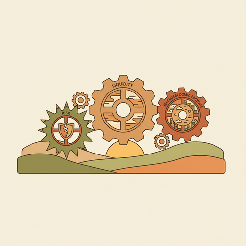 Illustration of interconnected financial gears representing quantitative liquidity management and macroeconomic hedging strategies.
