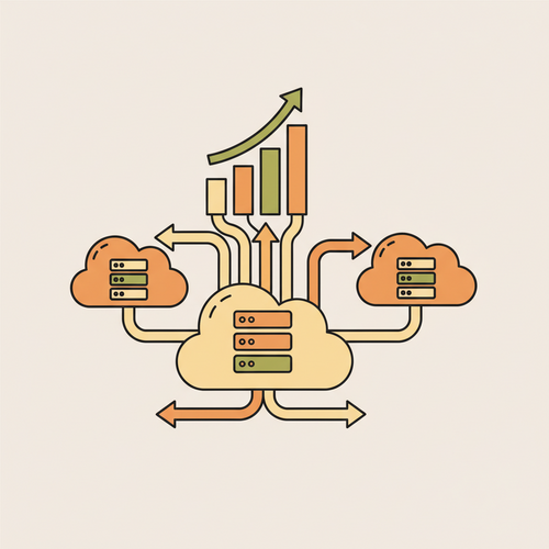 Flat design illustration of abstract financial graphs and cloud computing icons merging, representing digital monetization and scalable infrastructure in a professional context.