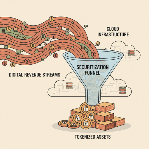 Illustration of scalable SaaS architecture facilitating digital revenue securitization into financial assets.